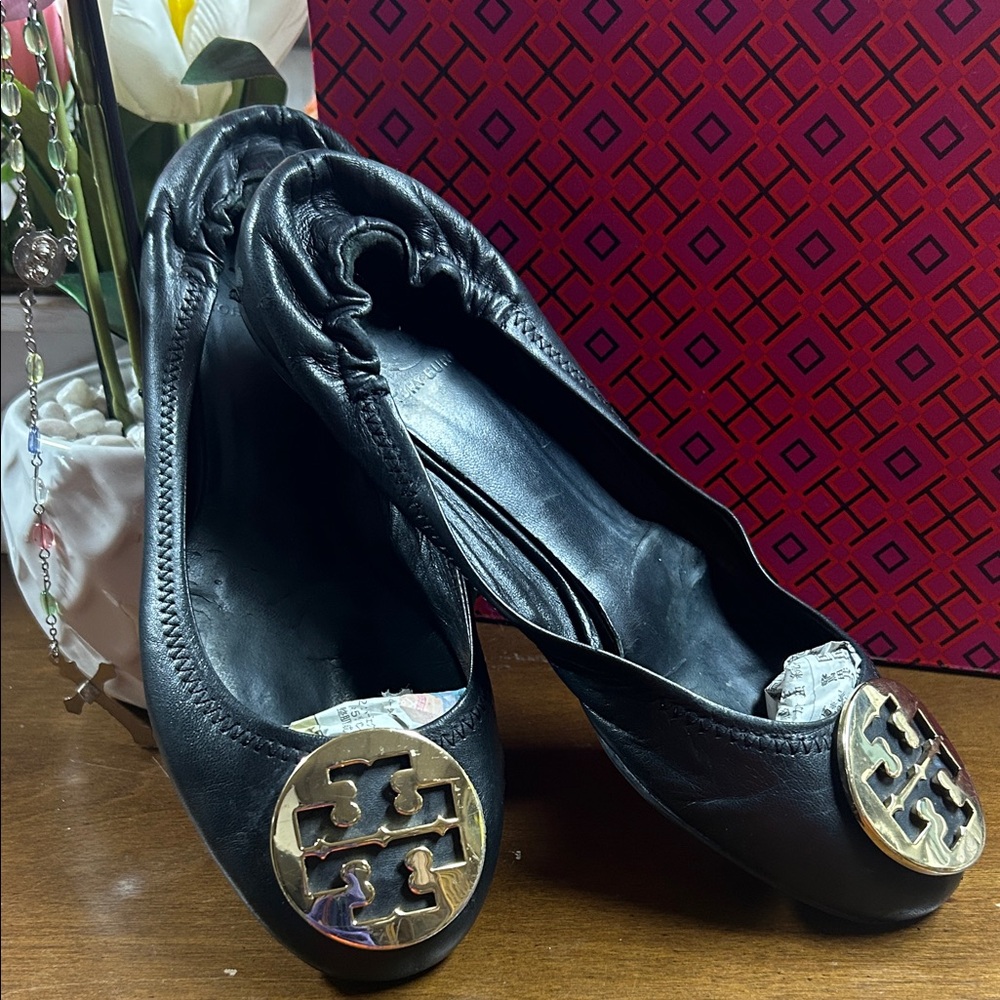 Tory Burch Black Leather Flats with Gold Logo